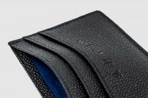 Arcis Card Holder branded leather close up blue suede lining